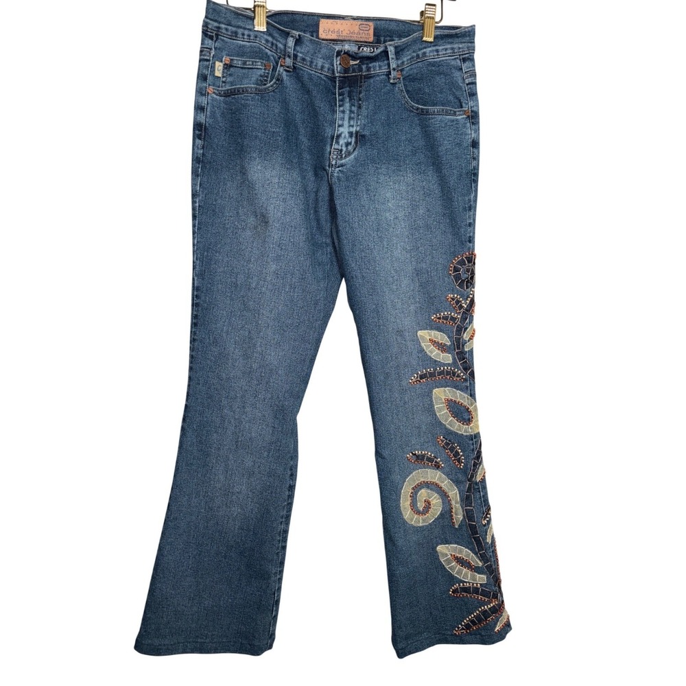 Crest Jeans Womens 9/10 ALTERED Beaded‎ Floral Embroidered Flare Leg Denim